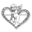 Sterling Silver Marcasite Cherub Heart Pin