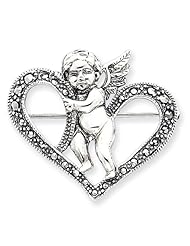 Genuine .925 Sterling Silver Marcasite Cherub Heart Pin. 100% Satisfaction Guaranteed.