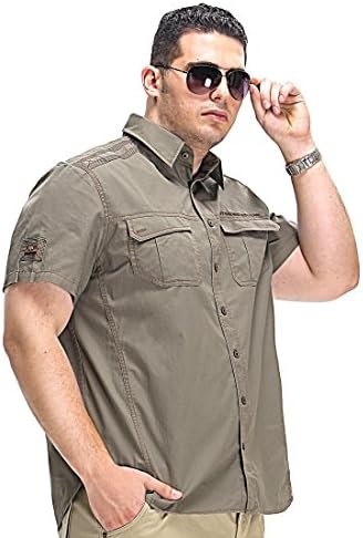 100% Cotton Casual Men's Short-Sleeve Button-Down Sport Shirts Army Green 6XL