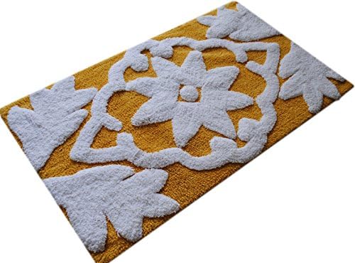 100% Pure Cotton Flora Yellow & White Bath Rug Size 21" X 34" By Trendsetter Homez Bath Rug Collections (Yellow)