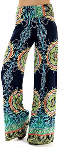 Women's Fold-over Waist Printed Palazzo Pants (L, Navy&Orange)