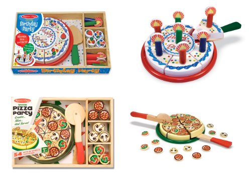 3 Item Bundle: Melissa and Doug 511 Birthday Party and 167 Pizza Party Wooden Play Food Sets + Activity Book