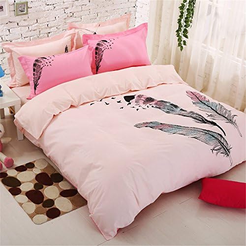Lazzaa feather Bedding Pink Queen Girls Duvet Cover Set 100% Cotton 4 Pieces, Not Included Comforter