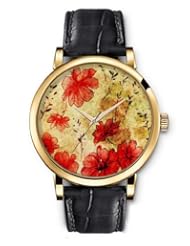 SPRAWL Aanalog Fashion Series Gold Ladies Watches of Genuine Black Leather Strap,Unique Wrist Watch for Women Girls Designed with Red flowers on old background