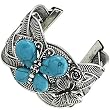 Burnished Silvertone Imitation Turquoise Butterfly Cuff Bracelet Fashion Jewelry