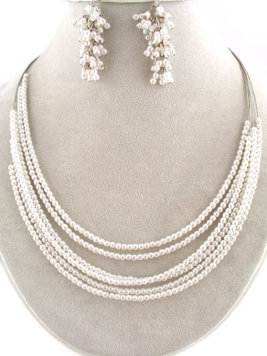 Fashion Jewelry ~ Six Layers Faux Pearls Necklace and Earrings Set