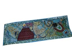 Turquoise Vintage Sari Beaded Embroidery Table Runner Wall Hanging 70