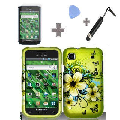 (4 Items Combo : Case - Screen Protector Film - Case Opener - Stylus Pen) Rubberized Green Hawaiian Flower Snap on Design Case Hard Case Skin Cover Faceplate for T-mobile Samsung Galaxy S Vibrant T959 / I9000