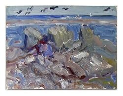 Asilomar Beach, Original 1985 Seascape Oil Painting on Board By Carmel Art Association Artist Victor Di Gesu (1914-1988) - Unframed Artwork