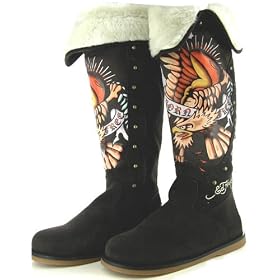 ED HARDY by Christian Audigier Snowblazer Womens Fur Suede Boots Born Free Eagle Brown Tattoo