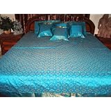 Silk Sari Bedding Aqua Blue Bedspread Coverlet Sofa Throw King 7p Set