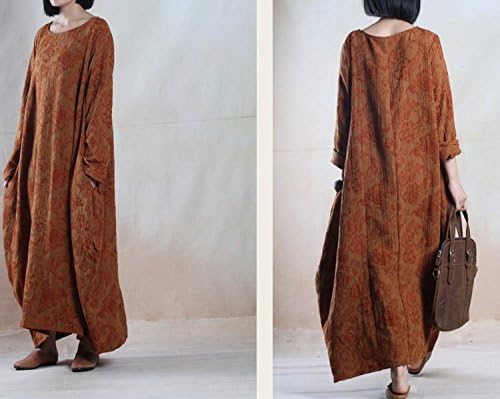 BELLEFILLES Womens Loose Fitting Cotton Linen Long Sleeve Dress Long Gown