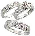 14k White Gold Trio 3-Piece His (6mm) & Hers (5.5mm; 6mm) Wedding Band Set, w/ 0.60 Carat Brilliant Cut & Invisible-set Diamonds; (Men's Size 9 to 12; Ladies' Size 6 to 8)