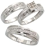 14k White Gold Trio 3-Piece His (6mm) & Hers (5.5mm; 6mm) Wedding Band Set, w/ 0.60 Carat Brilliant Cut & Invisible-set Diamonds; (Men's Size 9 to 12; Ladies' Size 6 to 8)