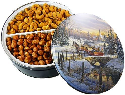 Mennonite Pantry Medium 2 Compartment Holiday Sleigh Tin with Gourmet Nuts - Honey Roasted Cashews & Butter Toasted Peanuts
