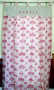 French Red Toile Alphabet Figural Blind or Curtain with Embroidered Scalloped Valance