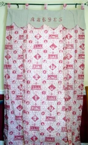 French Red Toile Alphabet Figural Blind or Curtain with Embroidered Scalloped Valance