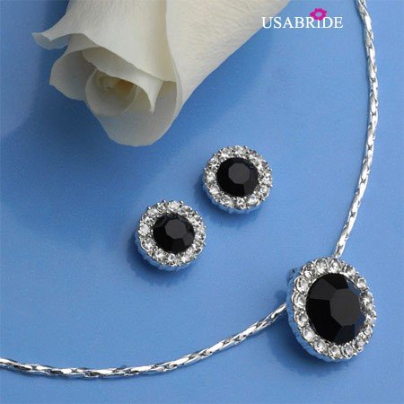 Black Circle Rhinestone Pendant Jewelry Set, Bridal Jewelry 677 BL