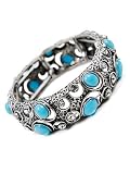 Turquois Inlays Antique Silvertone Stretch Bracelet Fashion Jewelry