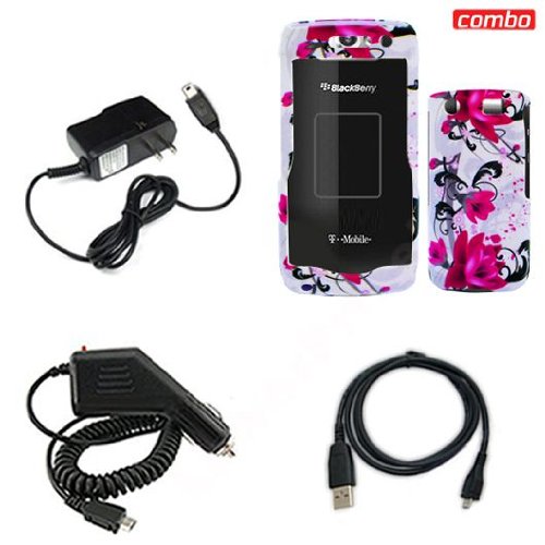 Blackberry pearl 9100 Combo Red Flower on White Protective Case Faceplate Cover + USB Data Charge Sync Cable + Rapid Car Charger + Home Wall Charger for Blackberry pearl 9100