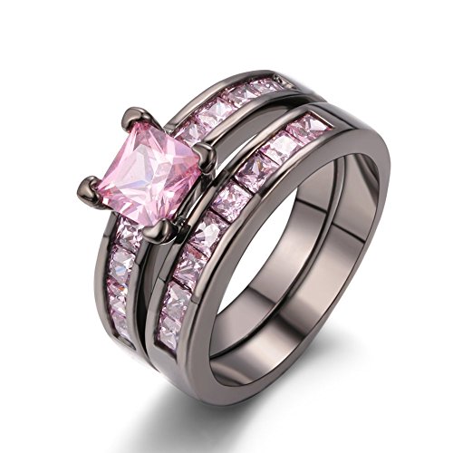 Zealmer 2 PCS Black Gold Plated Princess Cut Sapphire Cubic Zirconia CZ Wedding Bridal Ring Set