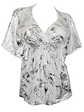 eVogues Plus Size Slimming V-neck Smocked Empire Waist Top White Designer Print - 2X