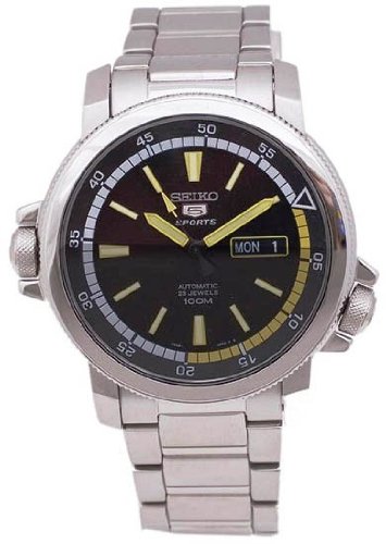 Men's Stainless Steel Seiko 5 Automatic Link Bracelet Black Dial Yellow