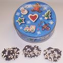 Scott's Cakes 1 lb. Dark Chocolate Covered Pretzel with Chocolate Chips & White Chocolate Chips in a Christmas Cookie Tin