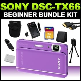 SONY DSC-TX66 (Violet) 18 MP 3.3TP LCD 5X Optical Zoom Digital Camera Beginner Bundle Kit includes (Charger, Battery, 8GB SD Card, Tripod, Camera Case, Card Reader, Card Wallet & Cleaning Kit)
