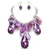 Chunky Purple Ice Glass and Lucite Teardrop Cascade Statement Bib Necklace and Earrings Set Fashion Jewelry