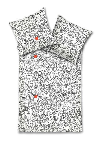 Symphony 46493/901_65 Mako-Satin-Bettw&auml;sche "Herz" / Garnitur 140/200 + 1 x 70/90 / wei&szlig;-rot-schwarz