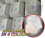 UKRAINIAN RUSSIAN CYRILLIC KEYBOARD STICKERS WITH BLUE LETTERING ON TRANSPARENT BACKGROUND