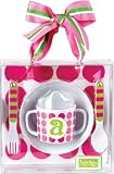 Mud Pie Initial Baby Personalized Melamine Feeding Set with Pink Polka Dots, Letter A