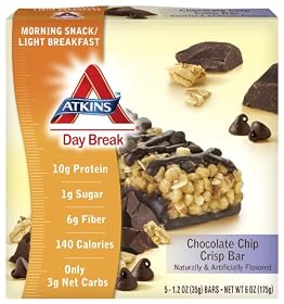 Atkins Day Break Bars, Chocolate Chip Crisp, 5 Count, 1.2-Ounce Bars (Pack of 3)