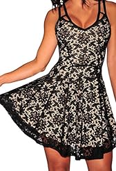 Sexy V-neck Flared-Skirt Babydoll Lace Sleeveless Skater Dress 