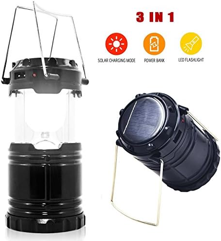BYouker Camping Lantern-LED Solar Panel/USB Rechargeable Camp Tent Night Flashlights-Emergency Lamp Power-Bank for Android Cell Phone