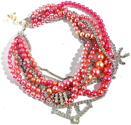 Mulit Strand Pink Pearl Statement Necklace, Vintage Rhinestone Jewelry