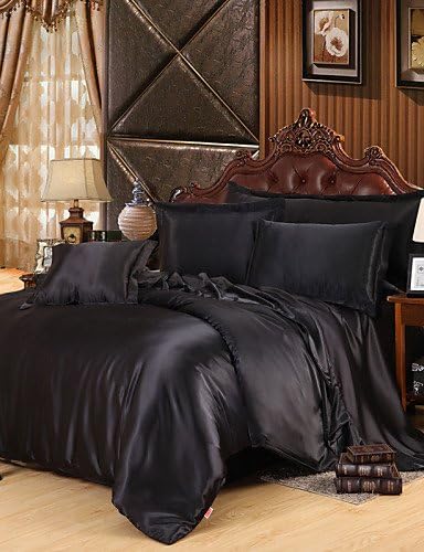HECHAI_Silk Bedding Set,Home Textile King Queen Size,bedclothes,Duvet Cover Flat Sheet Pillowcases , king-black , king-black
