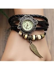 Sannsis 1PC Black Vintage Womens Leather Quartz Wing Beads Wrist Watches