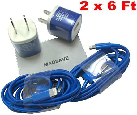 Madsave 2 Pack Charging Set incldues 2 x AC Power Travel Wall Adapter + 2 x 6 Feet 8-pin to USB 2.0 Charging + Data Sync Cable Cord for iPhone 5 / 5S / 5C / iPad 4 & mini & iPod Touch 7th (Blue)