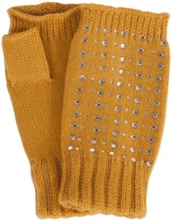 NoBo Womens Gold Rhinestone Fingerless Knit Gloves Yellow