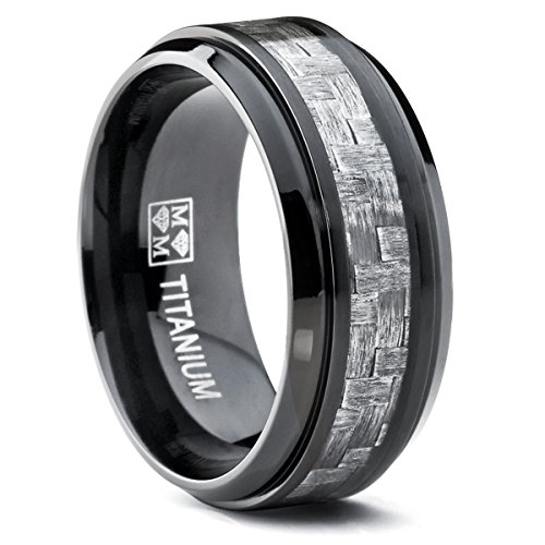 9MM Black Titanium Men's Wedding Band Ring with Wide Gray Carbon Fiber Inlay, Comfort Fit Size 12