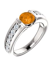 18K White Gold 6.00mm Round Cut Spessartite Garnet and Diamond Ring -- LIFETIME WARRANTY