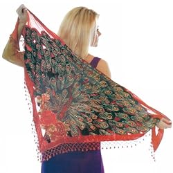 Burnout Velvet Red Peackock Scarf