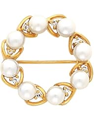 14K Yellow Gold Akoya Cultured White Pearl and Diamond Circle Brooch -- LIFETIME WARRANTY