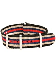 20mm Classic SS Nylon Striped Black / Tan / Navy Blue / Red - Easily Interchangeable Replacement Military Watch Band / Strap - Fits All Watches!!!