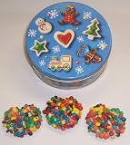 Scott's Cakes 1 lb. White Chocolate Covered Pretzel with M & M's in a Christmas Cookie Tin