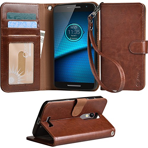 Droid Turbo 2 Case, Arae Motorola Moto Droid Turbo 2 wallet case,[Wrist Strap] Flip Folio [Kickstand Feature] PU leather wallet case with ID&Credit Card Pockets For Moto Turbo 2 (Brown)