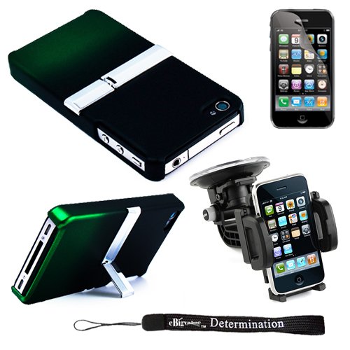 Ultimate Kickstand Stand Alone Protective Case for Apple iPhone 4 (compatible with all models of iPhone 4) + Includes an eBigValue (TM) Determination Hand Strap Key Chain + Includes Anti Glare screen protector + Includes a 360° Rotatable Windshield Mount (Also compatible with up to 6
