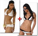 Doppelpack!!! Heißer Push Up Triangel - Bikini in schwarz - weiss - leo und edler Push Up Triangel - Bikini in weiß - gold ( 651 Stella )